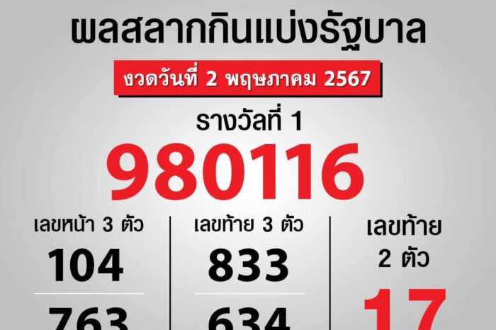 ตรวจหวย ผลสลากกินแบ่งรัฐบาล งวดประจำวันที่ 2 พฤษภาคม 2567