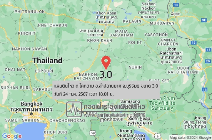 เวลา 18.01 น. เกิดเหตุแผ่นดินไหว ขนาด 3.0 ลึก 1 กม. พื้นที่ ต.โคกล่าม อ.ลำปลายมาศ จ.บุรีรัมย์ ยังไม่ได้รับรายงานความรู้สึกสั่นไหว